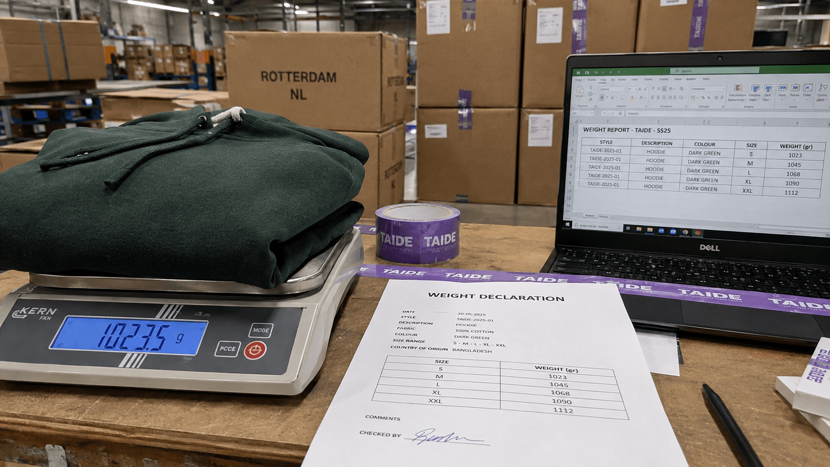 Export cartons of streetwear labelled for Rotterdam prepared by a Netherlands streetwear manufacturer